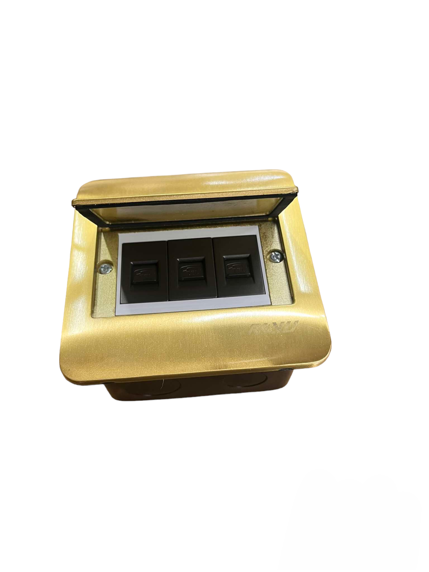 Royu Floor Outlet 3 Gang LAN Outlet Dark Gray with protective cover in gold brass finish