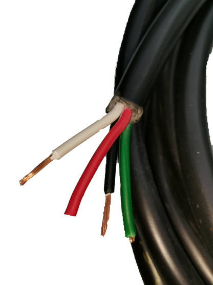 Close-up of Phelps Dodge 4 core royal cord 5.5mm wire showing black outer insulation and red green white inner copper wires