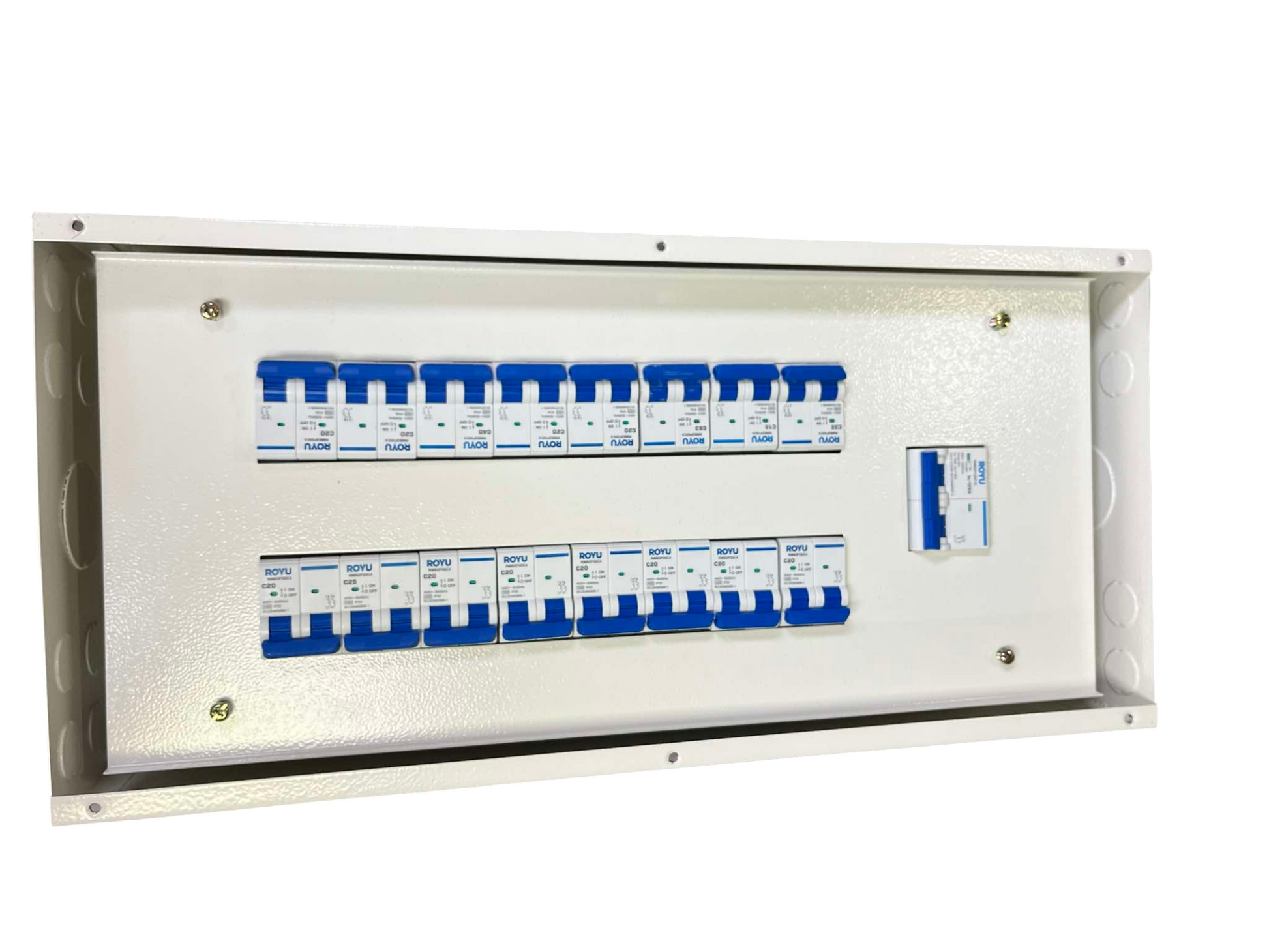 Royu and Koten 125A panel board 2 pole with multiple circuit breakers in a white metal enclosure