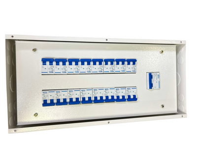 Royu and Koten 125A panel board 2 pole with multiple circuit breakers in a white metal enclosure
