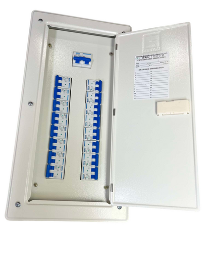 Royu & Koten 125A panel board 2 pole with multiple circuit breakers inside white metal enclosure