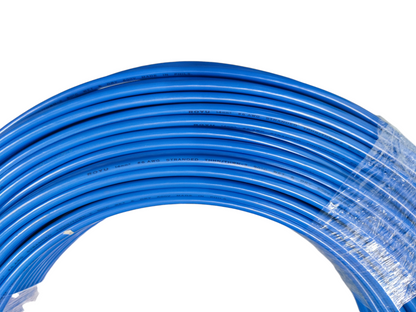 Coiled blue wire bundle labeled Royu 14mm THHN AWG 6 for electrical wiring applications