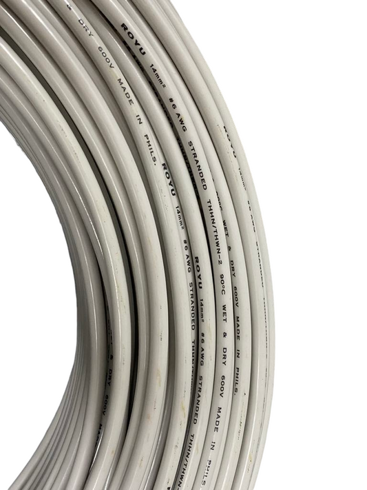 Coiled Royu 14mm THHN AWG 6 electrical wire with white insulation for durable wiring applications