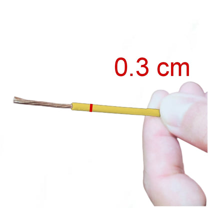 Royu 2.0mm stranded wire yellow held between fingers with exposed copper strands and 0.3 cm marking
