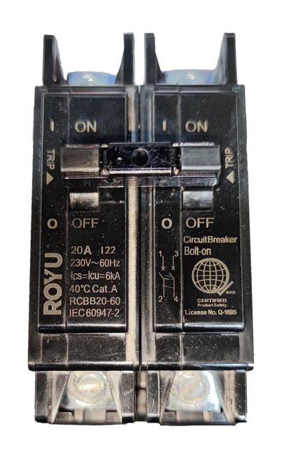 Royu 20A circuit breaker 2 pole RCBB20-60 with clear labeling for easy operation and installation