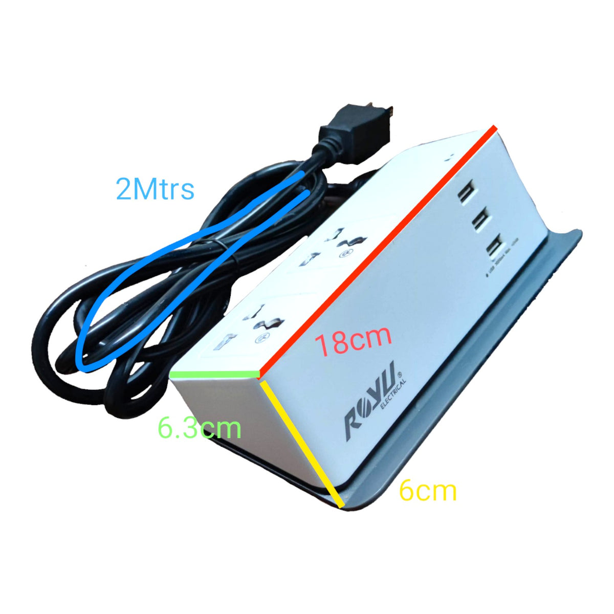 Royu Desk Extension Cord with 2 Gang Universal Outlet 10A 250V & 3 Gang USB Port 5V 2.4 A REDEC432/W