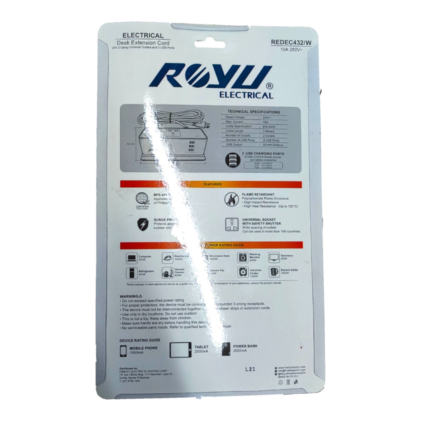 Royu Desk Extension Cord with 2 Gang Universal Outlet 10A 250V & 3 Gang USB Port 5V 2.4 A REDEC432/W