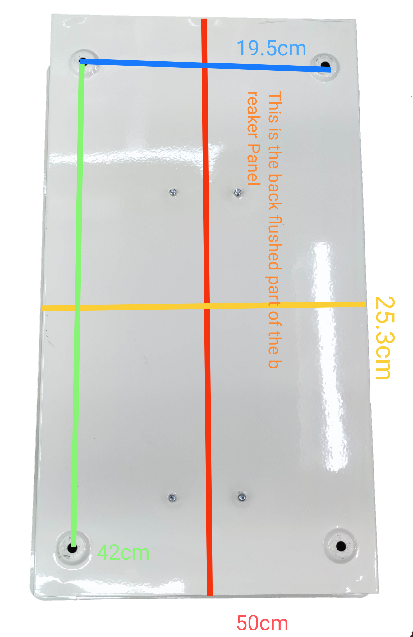 White metal back panel for Royu miniature circuit breaker panel with mounting holes and measured dimensions