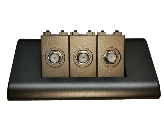 Royu 3 gang cable TV outlet with three metal coax connectors in bronze modules on a black faceplate