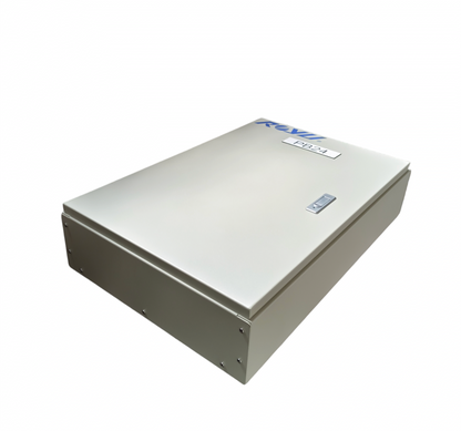Royu MTS main panel board with interlock. Metal enclosure box gray hinged cover with screws and label