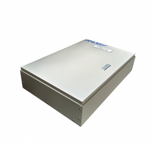 Royu MTS main panel board with interlock. Metal enclosure box gray hinged cover with screws and label