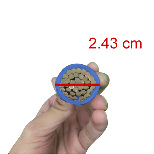 Close up hand holding blue insulated Royu THHN Wire 250mm Stranded cross section showing stranded copper and 2.43 cm diameter