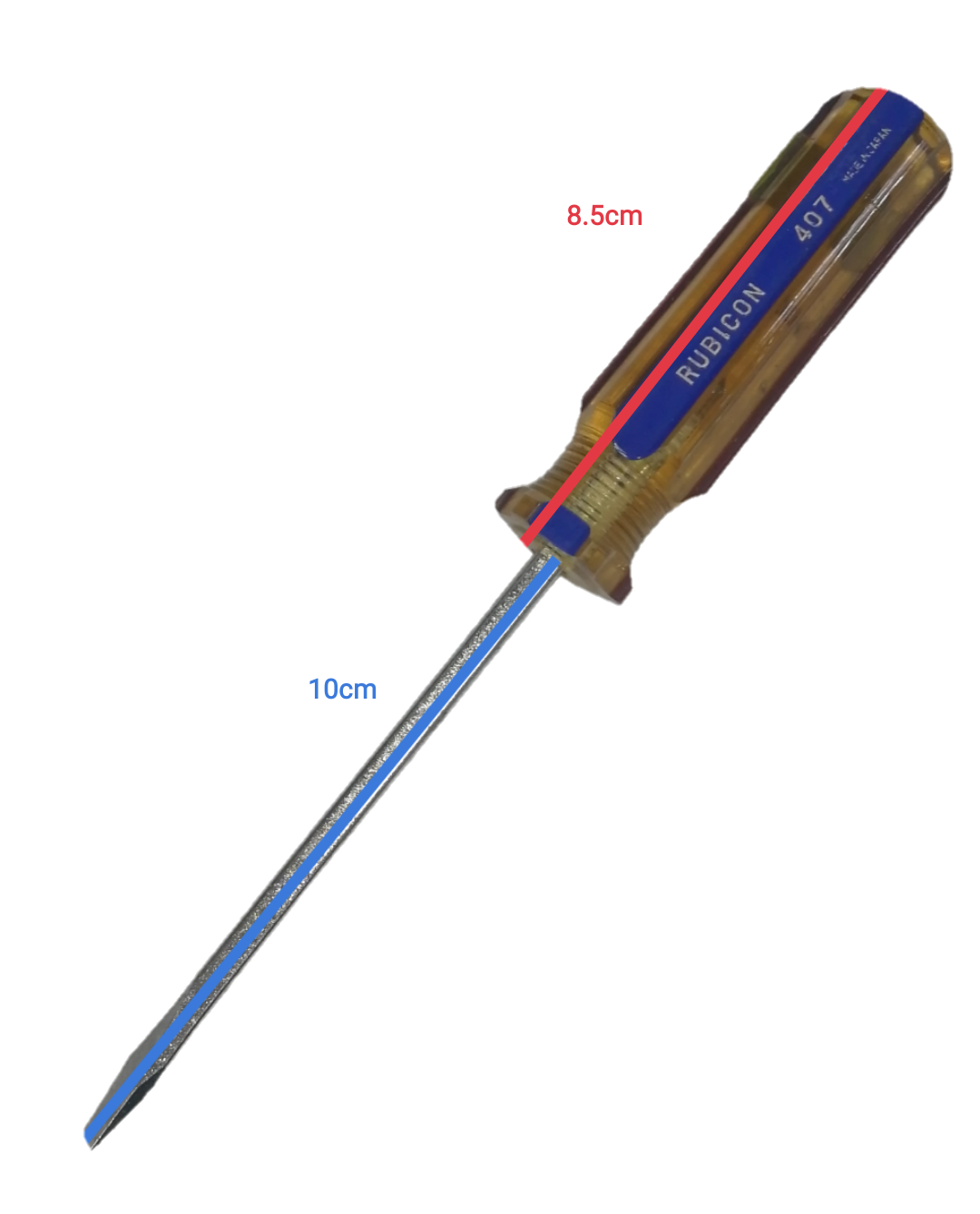 Rubicon Flat Head Screw Driver 407 100mm with clear ergonomic handle and durable metal shaft