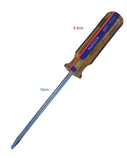 Rubicon Flat Head Screw Driver 407 100mm with clear ergonomic handle and durable metal shaft