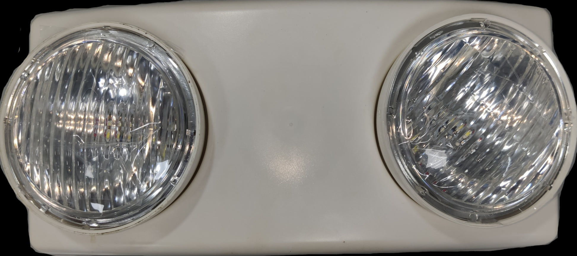 Denko emergency LED twin bulb light with dual round LED lamps in white rectangular housing for hallway and exit illumination