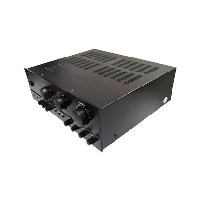 Sakura AV-5023 home karaoke amplifier with adjustable volume and bass controls in a sleek black design