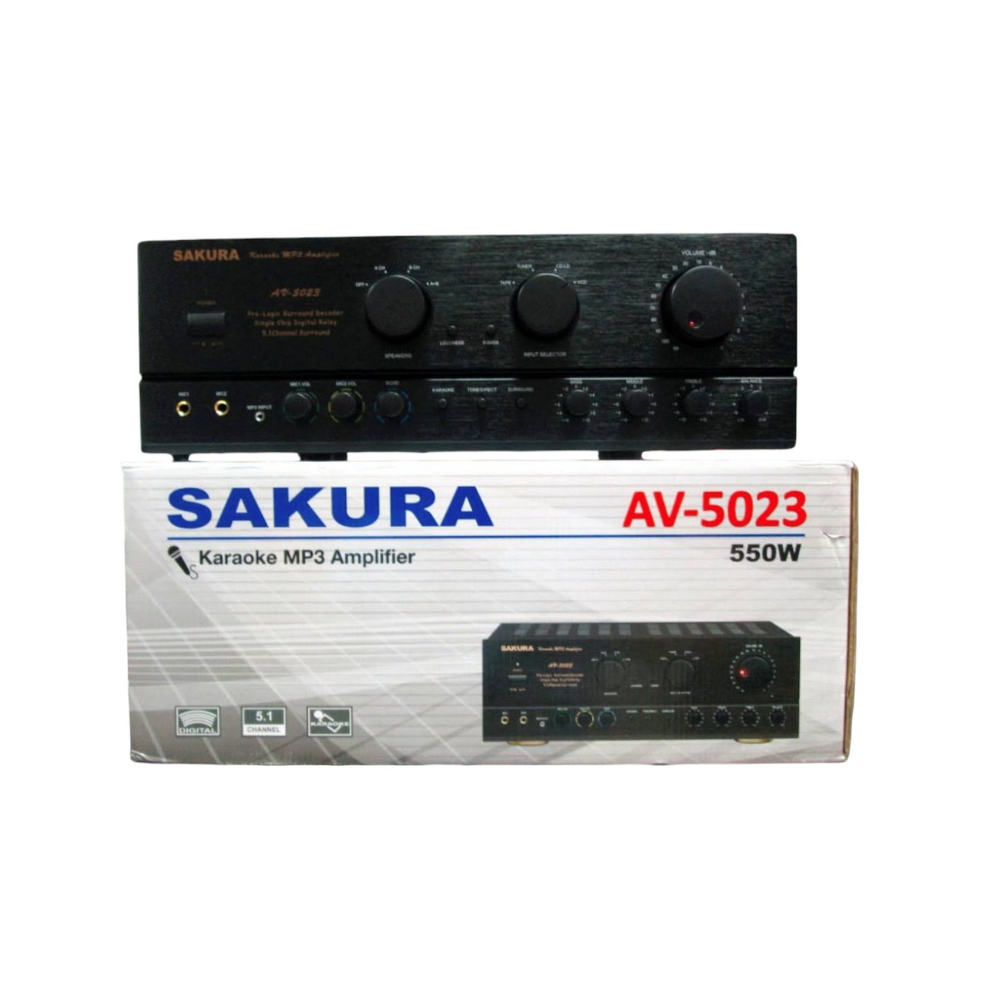 Sakura AV-5023 home karaoke amplifier in black with various input options and knobs