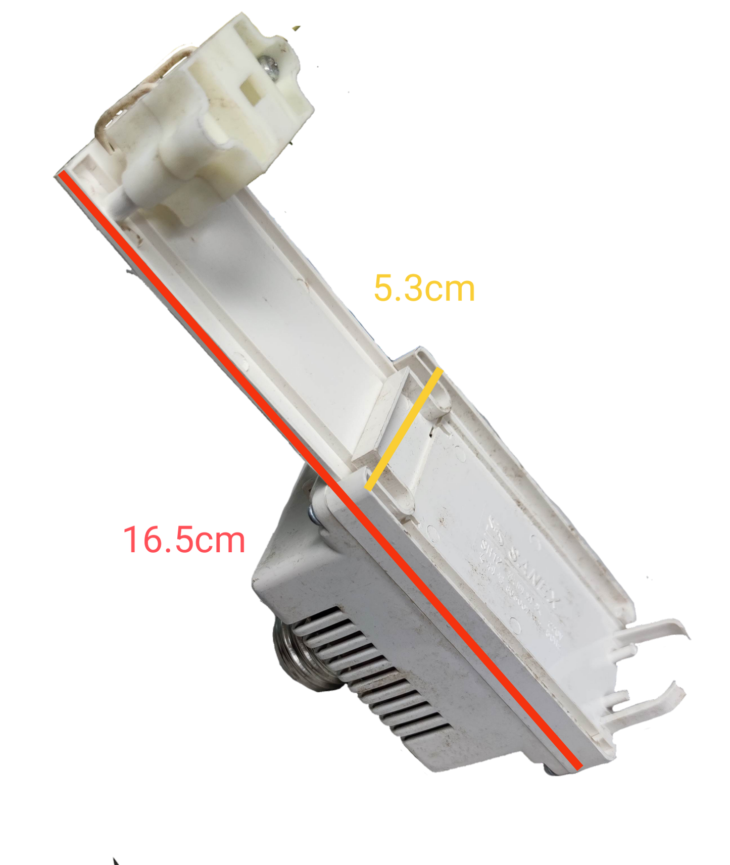 PLC Adaptor to E27 5W-11W white lighting installation accessory with measurements on black background