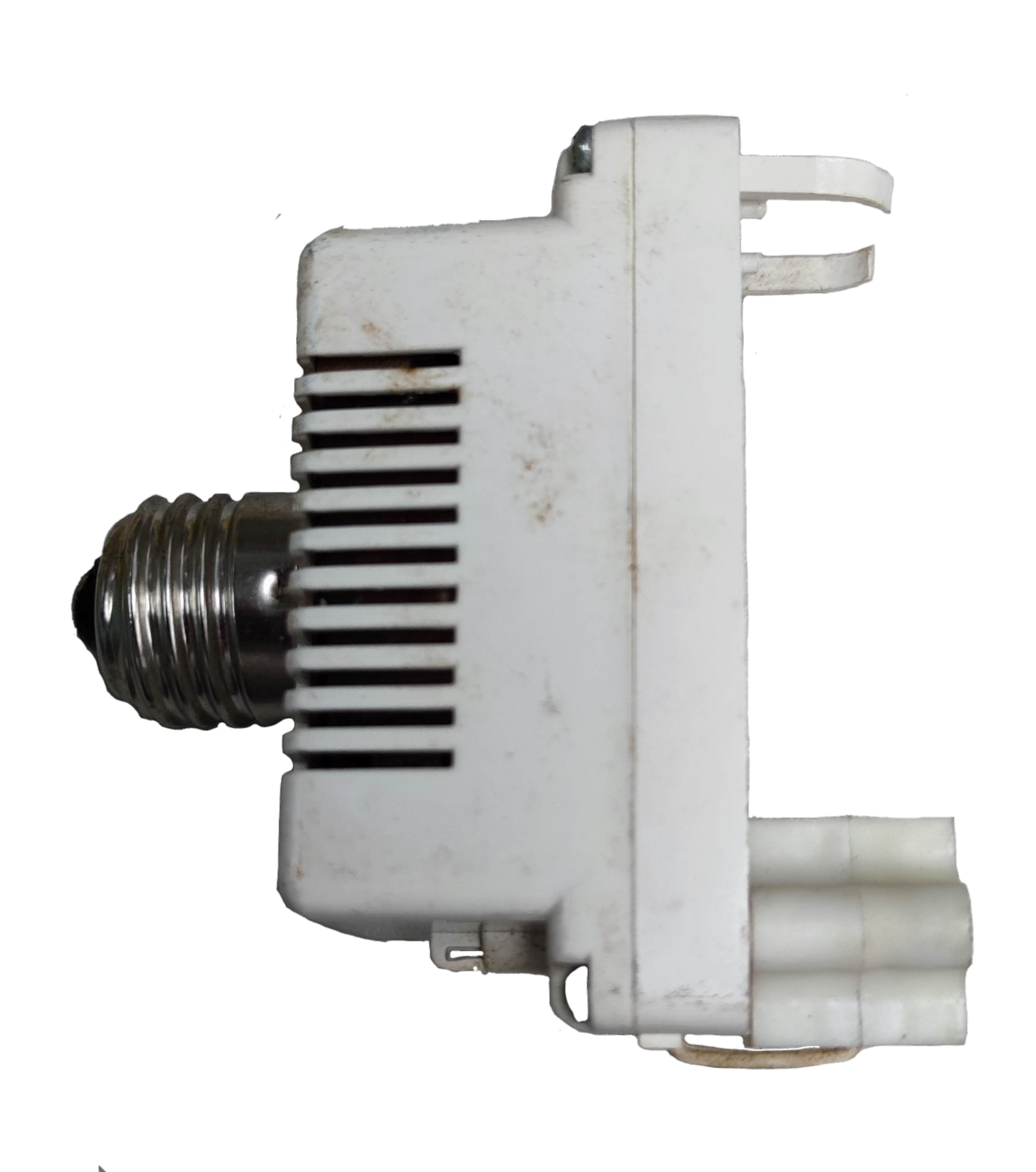 White PLC Adaptor to E27 5W-11W lighting installation accessory with metal screw base on black background