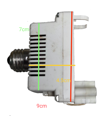 PLC Adaptor to E27 5W-11W white lighting installation accessory with dimensions on black background