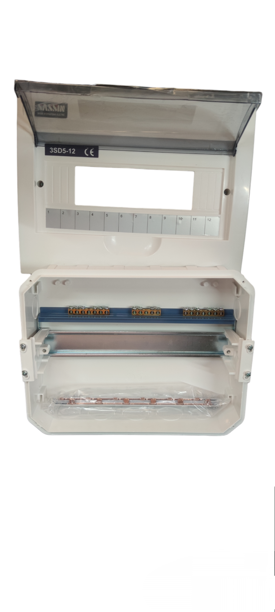 Sassin 12 Ways Panel Board Recessed electrical circuitry part with transparent cover and labeled slots