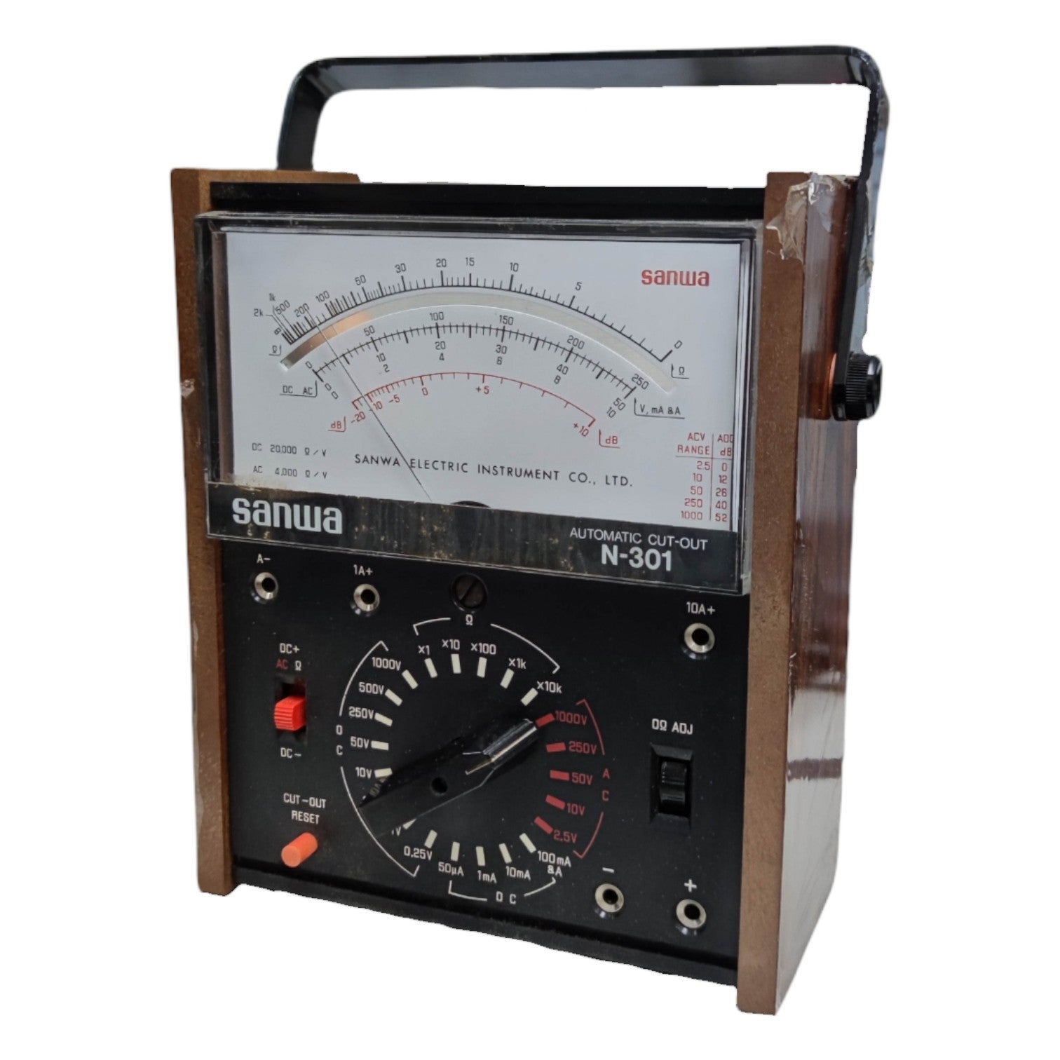 Vintage Sanwa electric instrument with a wooden casing on a white  Sanwa Automatic Cut-Out Multi Tester Vintage Multi Power Tester N-301 (For Display on your Collection)background
