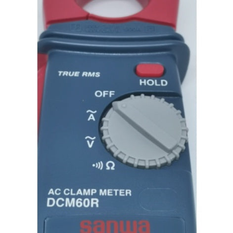 SANWA DCM60R clamp meter 60A featuring a rotary switch and hold function for accurate electrical measurements