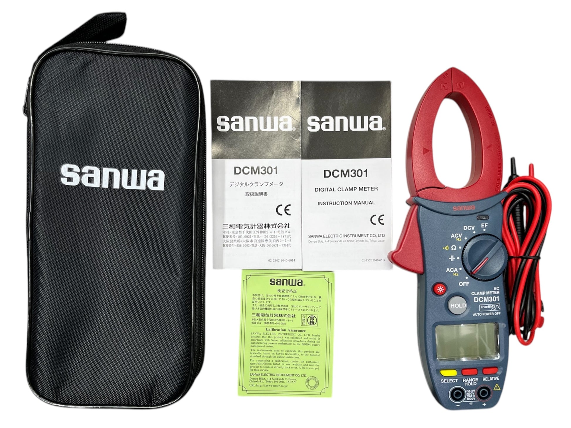 Sanwa Digital AC Clamp Meter DCM301 with carrying case, instruction manuals, and test leads