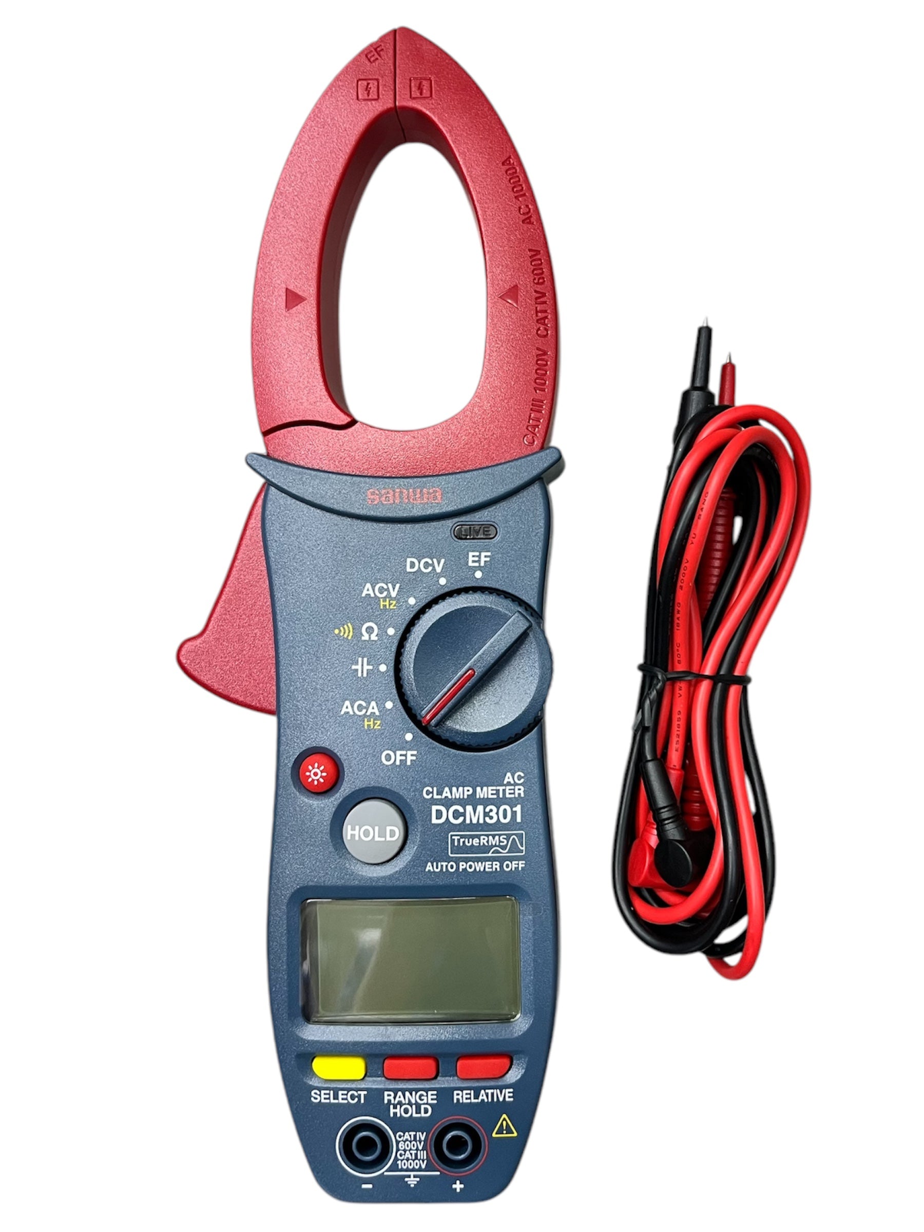 Sanwa Digital AC Clamp Meter DCM301 with red clamp and black red test leads for electrical measurements