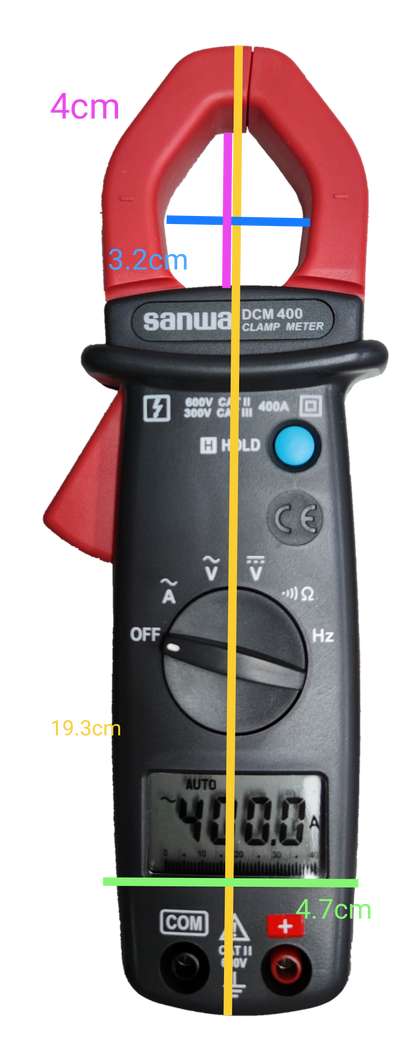 Sanwa Digital Clamp Meter DCM400 with red clamp and digital display for electrical measurements