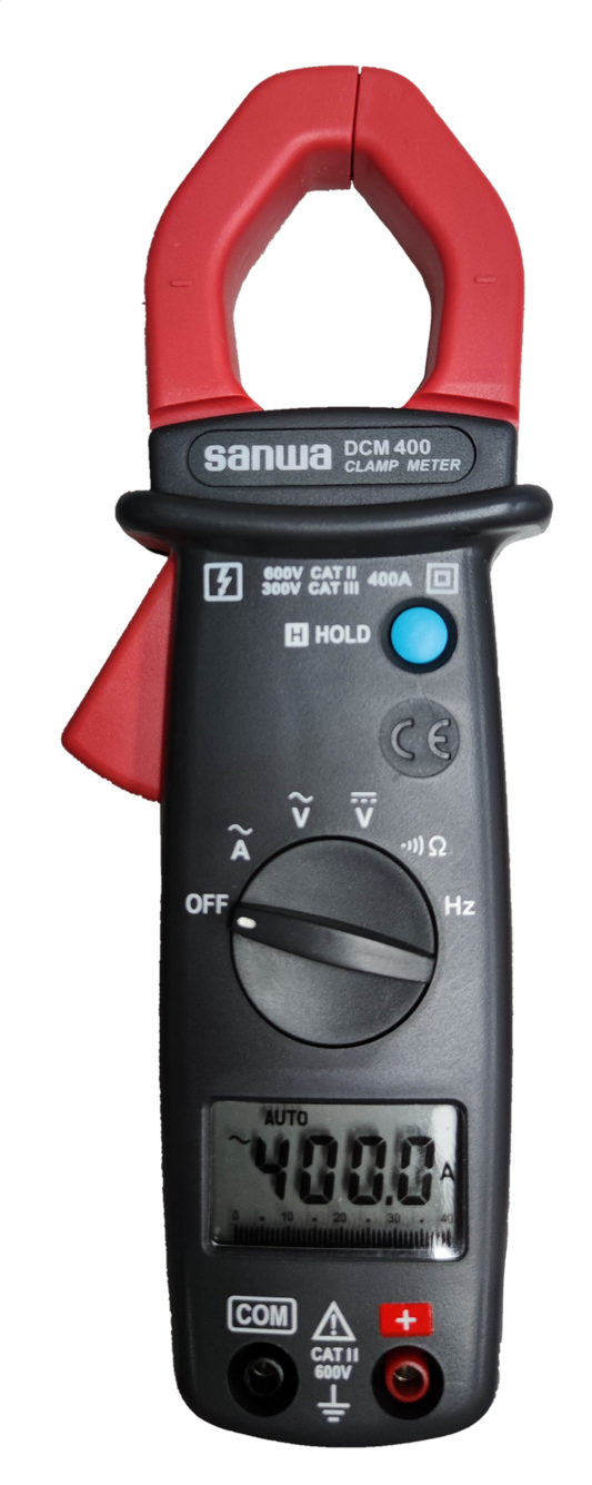 Sanwa Digital Clamp Meter DCM400 with red clamp and digital display for electrical testing