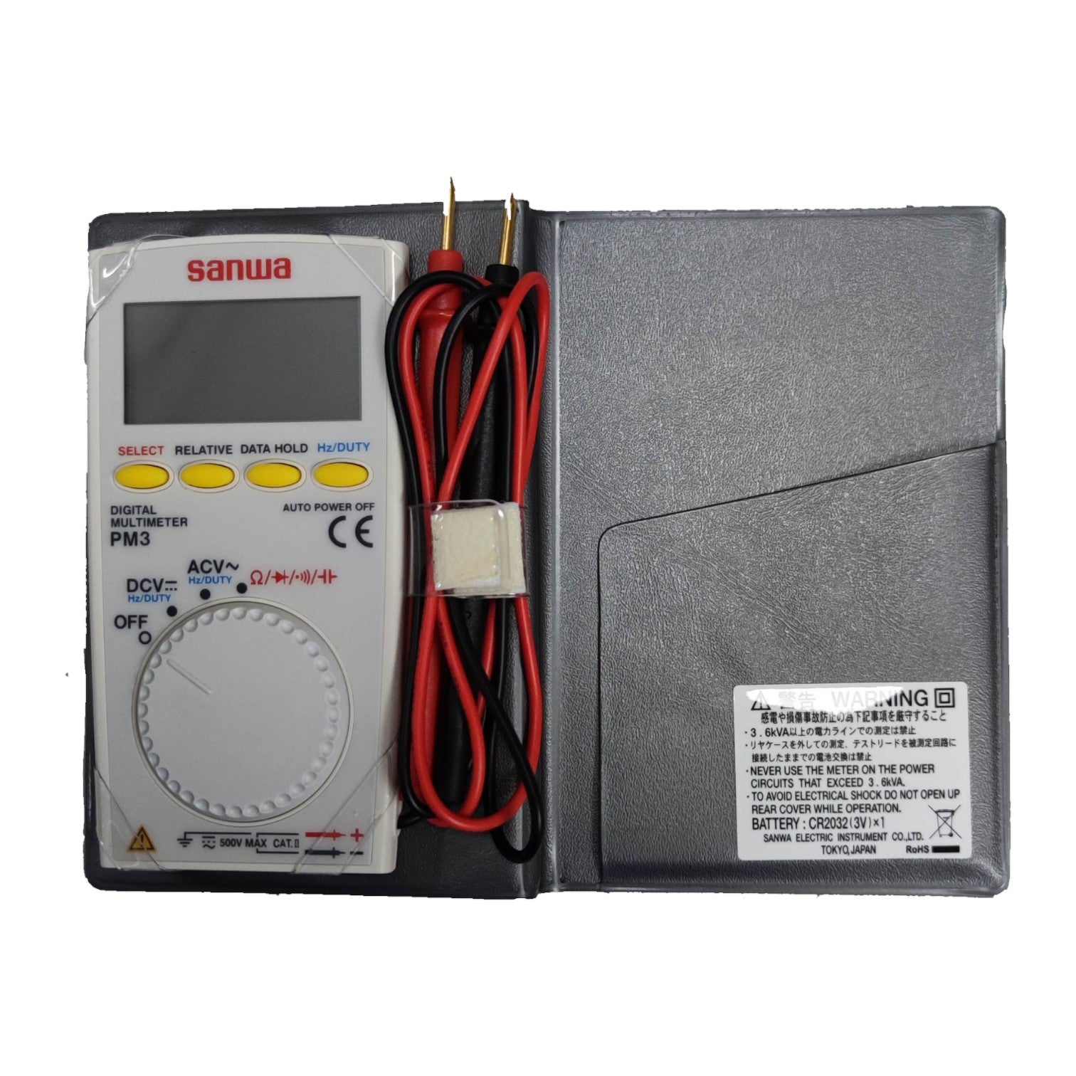 Digital multimeter with red and black leads on a white background Sanwa Digital Pocket Meter PM3 4000 Counts LCD Display 500V AC/DC