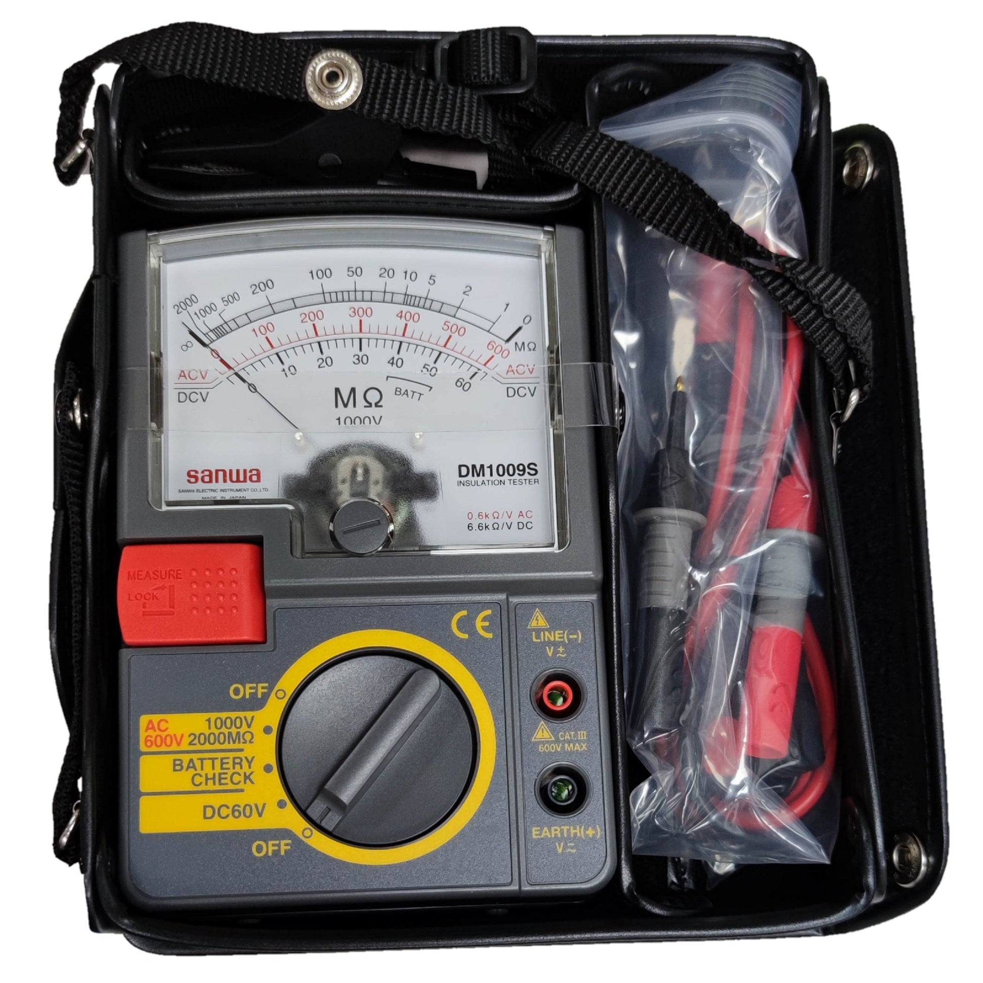 Sanwa Insulation Resistance Tester DM1009S with analog display and testing leads in a portable case
