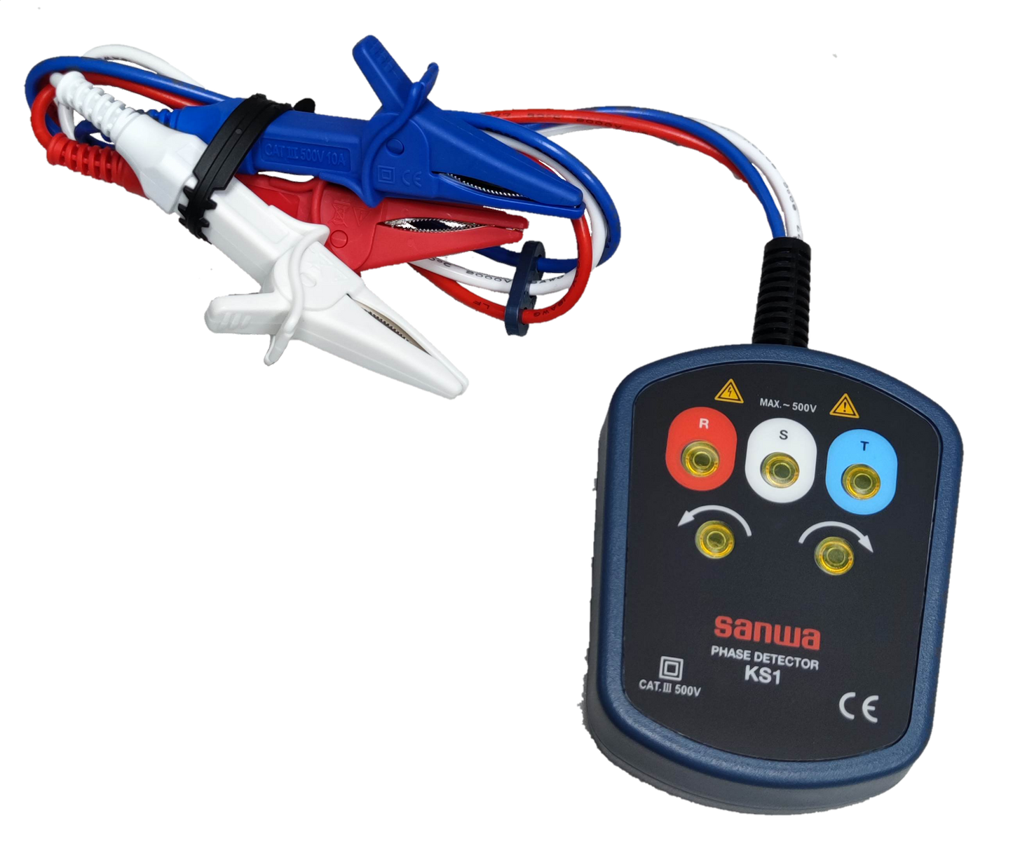 Sanwa Phase Detector KS1 electrical trade tool with red white and blue test lead alligator clips