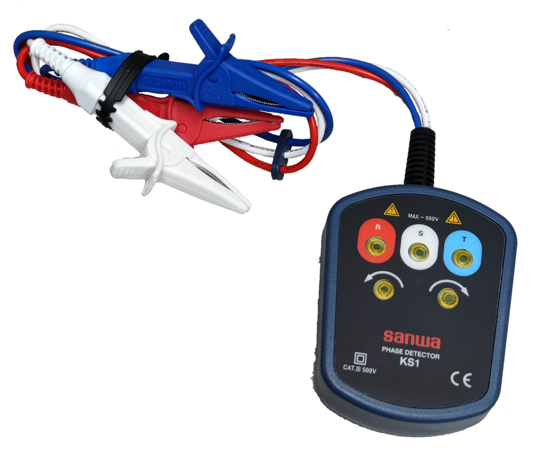 Sanwa Phase Detector KS1 electrical trade tool with red white and blue test lead alligator clips