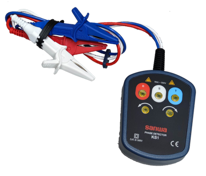 Sanwa Phase Detector KS1 electrical trade tool with red white and blue test lead alligator clips
