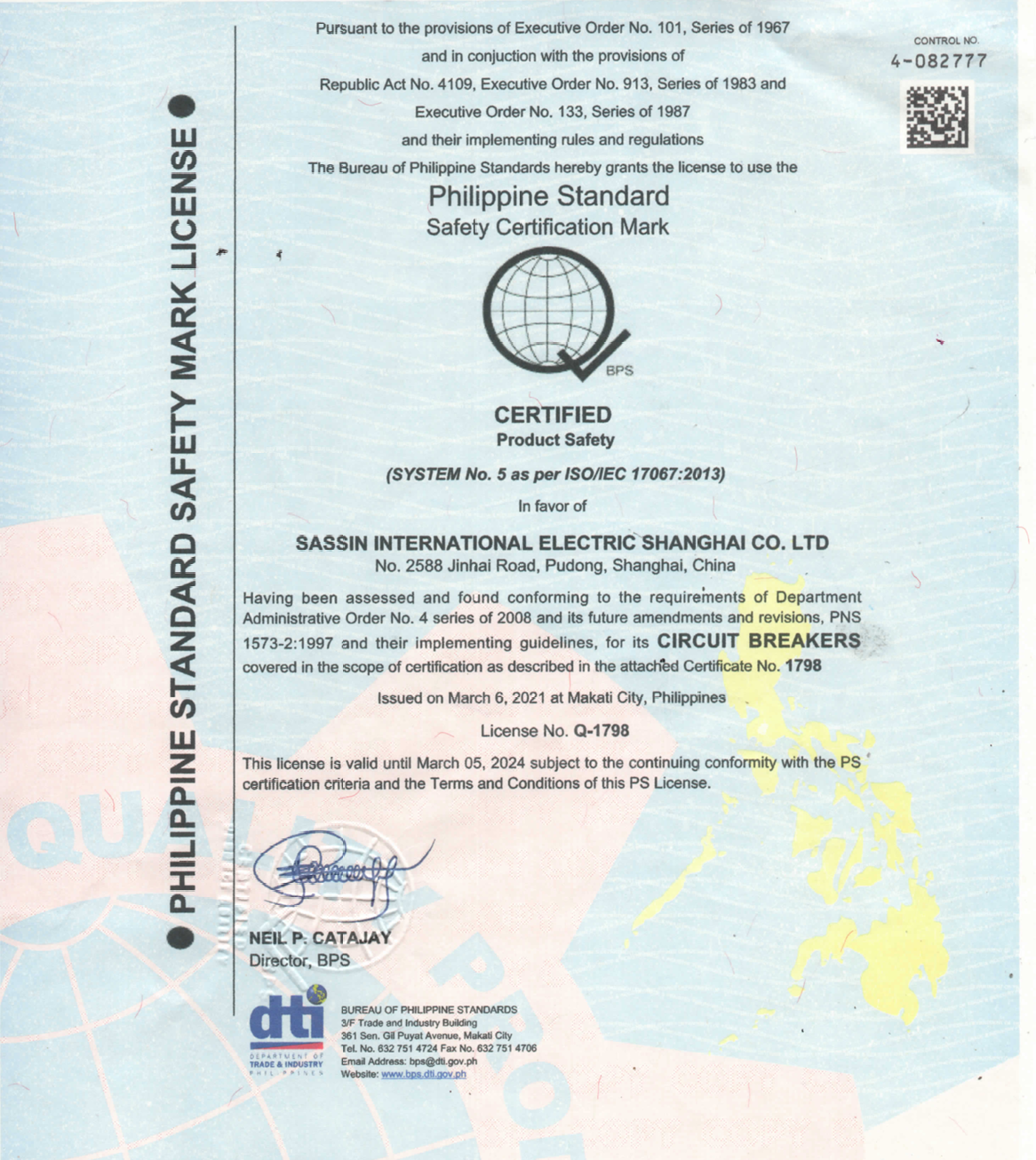 Philippine Standard safety certification mark for Sassin 32A 3Pole Industrial Circuit Breaker MCCB showing official license and compliance details