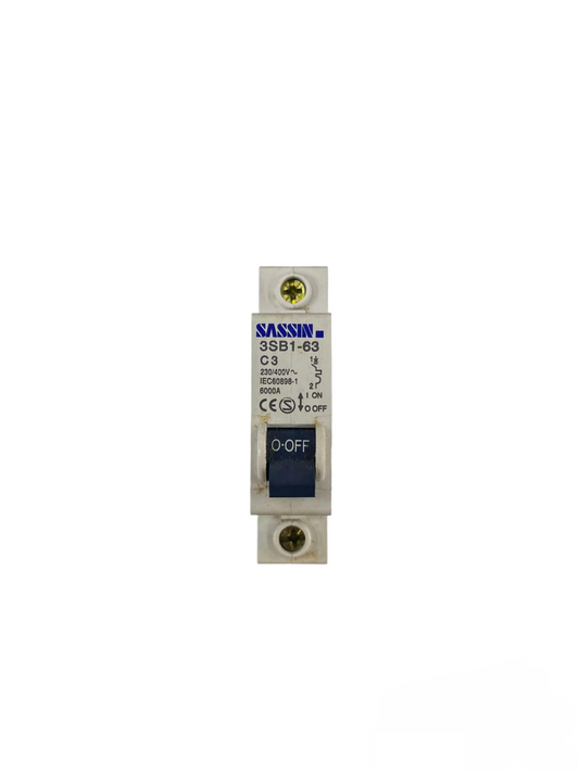 Sassin 3A 1Pole Miniature Circuit Breaker 6KAIC with on off switch and electrical specifications