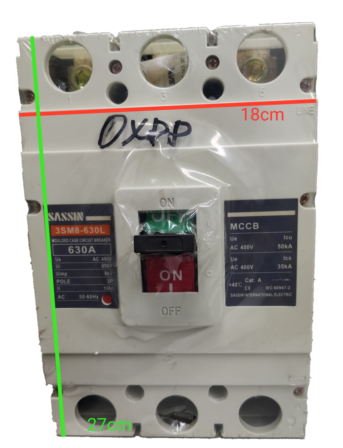 Sassin 630A Circuit Breaker 3 Phase Industrial with ON OFF switch and detailed specifications
