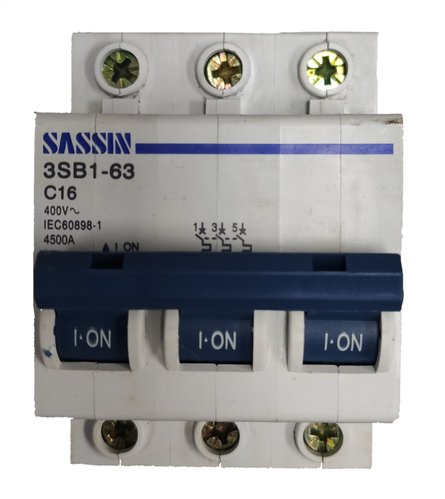 Sassin miniature circuit breaker 16A 3Pole electrical component with blue switches and white casing