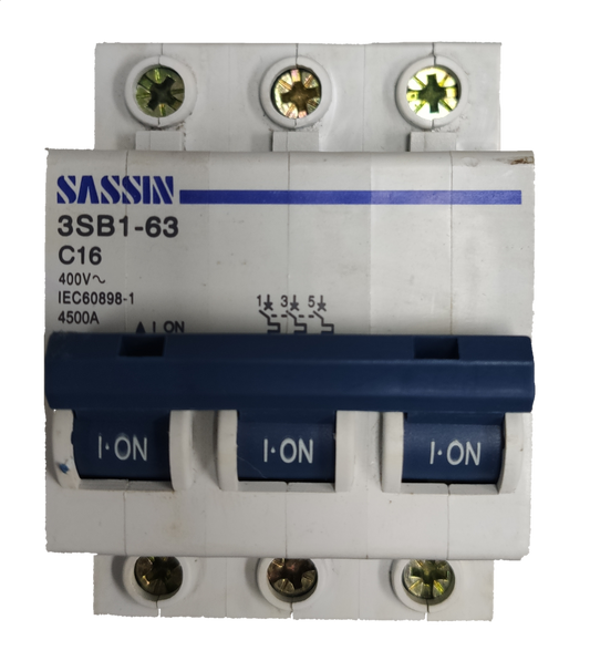 Sassin miniature circuit breaker 16A 3Pole electrical component with blue switches and white casing