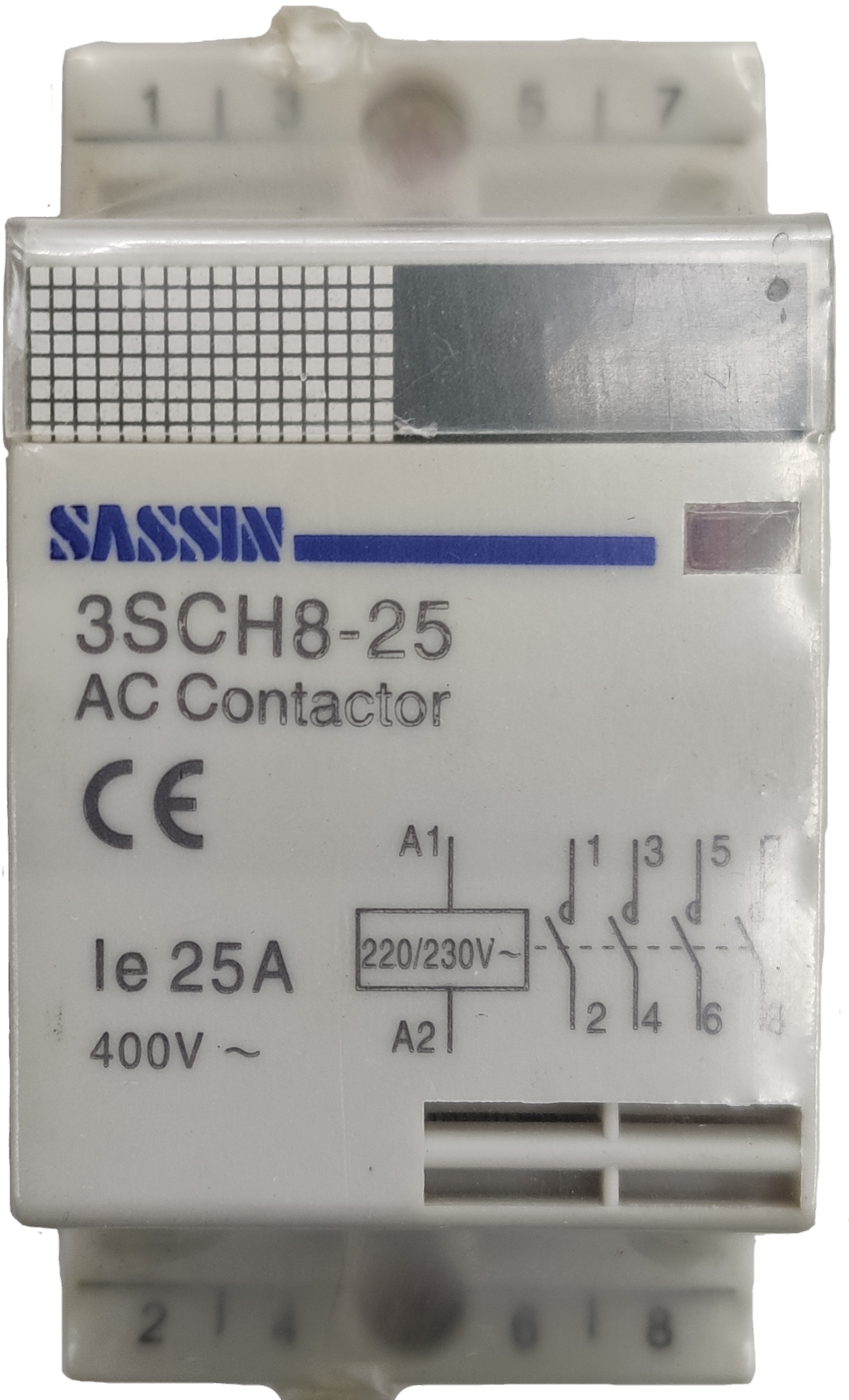 Sassin Miniature Contactor 25A 220V 4NO electrical circuitry part with model 3SCH8-25 and CE marking