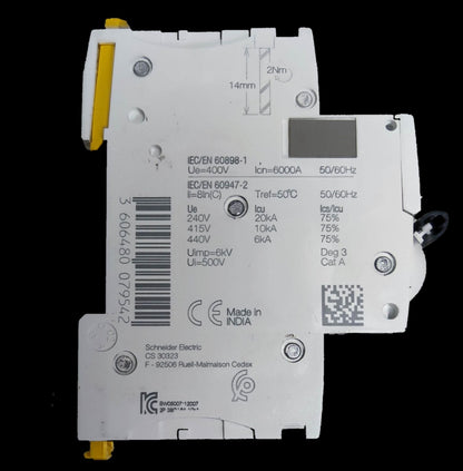 Schneider 10A Miniature Circuit Breaker 2 Pole white electrical component with technical specifications