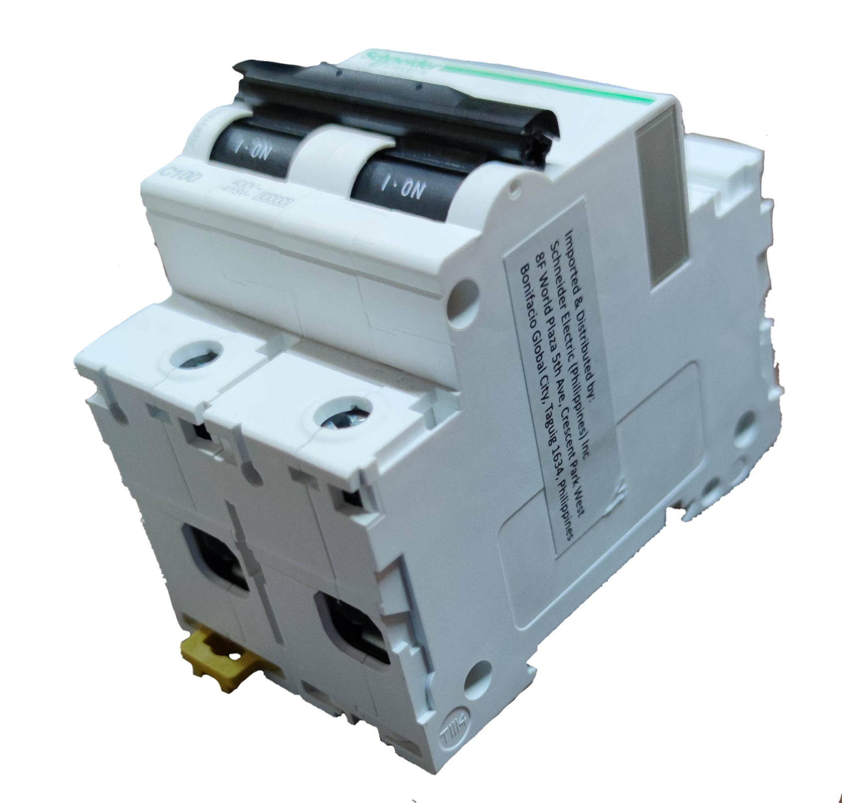 Schneider 125A Miniature Circuit Breaker 2 Pole electrical component in white with black switches
