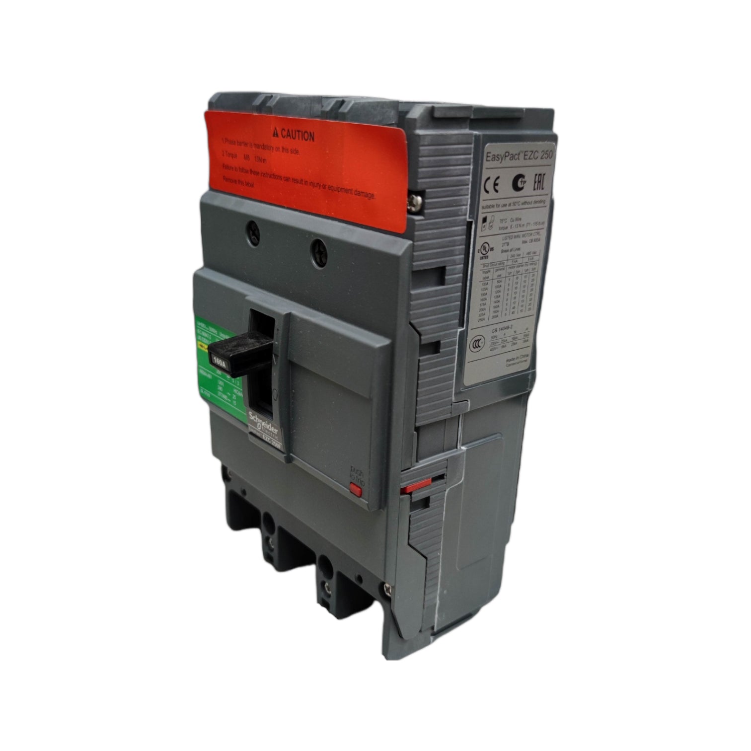 Schneider 160A 3 Pole Breaker Industrial 250AF with safety features and detailed specifications