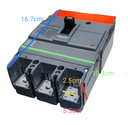 Schneider 160A 3 Pole Industrial Circuit Breaker with labeled dimensions for electrical circuitry applications