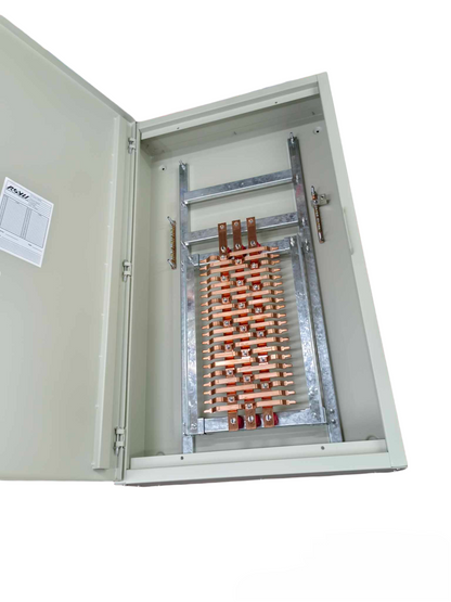 Open 160A panel board Schneider with metal frame and copper busbars inside for electrical distribution