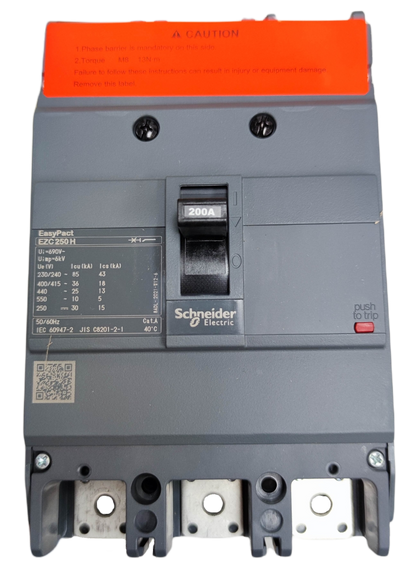 Schneider 200A 3 Pole Industrial Circuit Breaker EasyPact EZC250H model with safety instructions