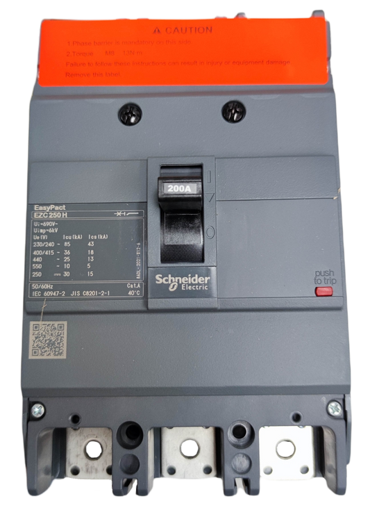 Schneider 200A 3 Pole Industrial Circuit Breaker EasyPact EZC250H model with safety instructions