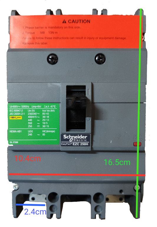 Schneider 225A 2 Pole Breaker Industrial Easy Pact electrical circuit breaker with grey body and caution label